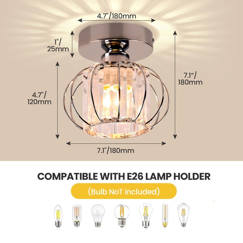 FRIXCHUR Small Ceiling Light Semi Flush Mount Ceiling Light Chrome
