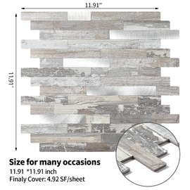 5 - Sheets Peel and Stick Wood Metal Tile Backsplash, Stick on Tiles for Backsplash Kitchen, Bathroom, Laundry Room, Camper, Fireplace (12'' X 12'', in Light Rustic)