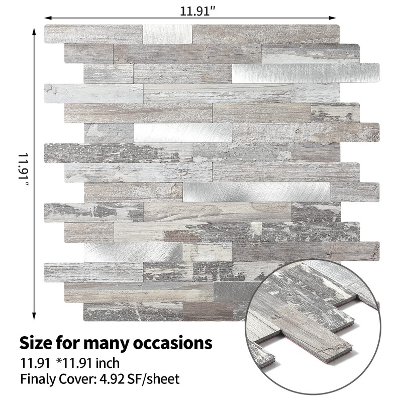 5 - Sheets Peel and Stick Wood Metal Tile Backsplash,