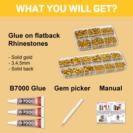 B7000 Gem Glue on 7500Pcs Gold Rhinestones Flatback for Crafts Clothes Decoration Clothing Fabric,Bright Metallic Gold Plated Flat Back Crystals for Crafting Costumes,Gluefix Bedazzling Kit 2/3/4/5 mm