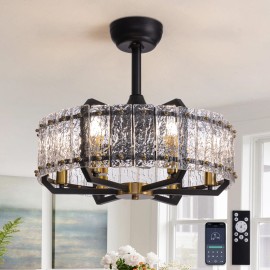 GUANGSHIYI 20" Black Crystal Ceiling Fan with Light and Remote ,Low Profile Chandelier  Fan