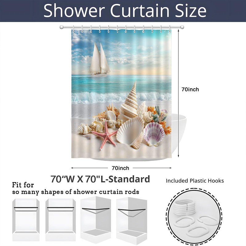 ZFMRZF Beach Shower Curtain, Coastal Ocean Scene with Seashells, Starfish,