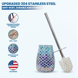 Escenzy Mermaid Bathroom Toilet Brush and Holder Set Mosaic Glass | Non-Rustic Stainless Steel | Practical & Decorative Toilet Bowl Brush and Holder | Luxury Mermaid Bathroom Decor
