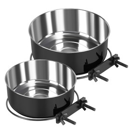2 Pcs Black Large Pet Dog Food Water Bowl for Cage Stainless Steel Non-Spill Kennel Hanging Cats Bowls with Clamp Holder Crate Feeder Dish for Medium Large Dogs Huge Pets (7.1x2.5'' & 6.3x2.4'')