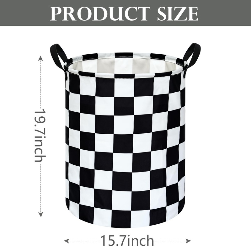 19.7 Inch Round Laundry Hamper Black Check Laundry Basket Fabric
