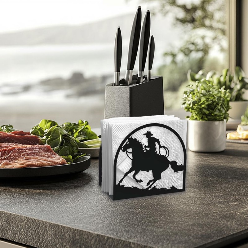 DOODLREAM Western Cowboy Riding Horse Decorative Black Metal Napkin Holder