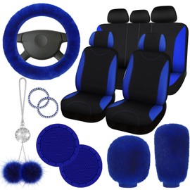 Fulmoon 17 Pcs Car Seat Cover Full Set for Women Fluffy Fuzzy Car Accessories Christmas Front Rear Steering Wheel Fleece Handbrake Shift Covers Hanging Accessory Holder Ring Emblem(Blue Black)