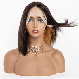 Originea Highlight Bob Wig Human Hair 13x6x1 Lace Front Wig Blonde Highlight Human Hair Wigs for Women 12 Inch 150% Density Ombre Short T-Part Straight Bob Wig Peekaboo Wig (12 Inch, Brown)