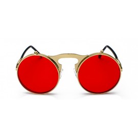qinqilanqi-S Retro Metal Steampunk Flip-Up Sunglasses for Men and Women, Round Frame Sunglasses for Fashion, Gold/Ocean Red
