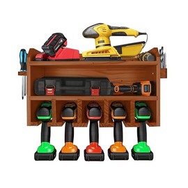 Pro-Lift Cordless Drill Organizer – wall mount power tool storage rack, 5 hanging slots, wooden M-003W2