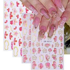 Flower Nail Stickers 3D Flower Nail Art Stickers Self-Adhesive Gold Flowers Nail Decals Spring Summer Floral Bronzing Cherry Blossoms Nails Design Sticker for Women DIY Manicure Supplies 4 Sheets