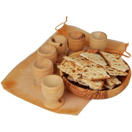 Communion Cups Set- The Lord's Supper - Olive Wood Bread (Approx 4 Inch) Tray with Six Small (Approx 1.5 Inch) Olive Wood Cups in Gift Bag