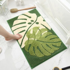 Simple Leaves Bathroom Rug Super Absorbent Bath Mat for Bathroom (31"x20", Green) Non Slip Soft Microfiber Shaggy Bathroom Mat Machine Washable Bath Rug Thick Plush Rugs for Shower