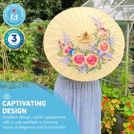 Thorness FLORAL OILED PAPER SUNSHADE PARASOL | Sun Protection | Wedding Accessories | UV Protection | Pink and Blue Flowers | Butterflies | Cream
