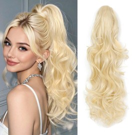 Vejamotowa Ponytail Extension Curly Wavy, 22" Bleach Blonde Claw Clip Ponytail Extensions for Women, Fluffy Long Wavy Curly Fake Pony Tail Clip in Hair (613A#, 22 Inch)