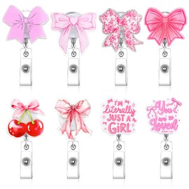 Knitgrip 8 Pcs Coquette Pink Bow Badge Reel Retractable Badge Reel for ID Card Cute Alligator Clip Accessories for Nurse Medical Worker Office School Teacher(Bow Theme,Acrylic)