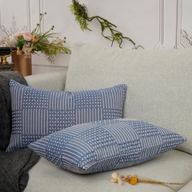 YOUR SMILE Boho Decorative Throw Pillow Covers Set of 2 Farmhouse Solid Striped Soft Square Cushion Case Modern Home Decor for Couch Bed (12X20-inch, Navy Blue)