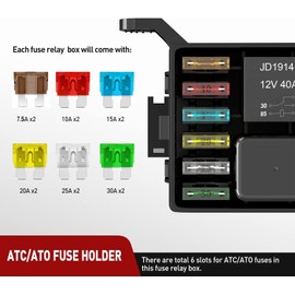 KILIGEN 12V Relay Box and Fuses 5 Pin JD1914 40A Relay 5 pieces and 1 piece 4 Pin Relay with 6 ATC/ATO Blade Fuses, Waterproof Universal Fuse Relay Box for Automobiles, Trucks, Automobiles, Marine