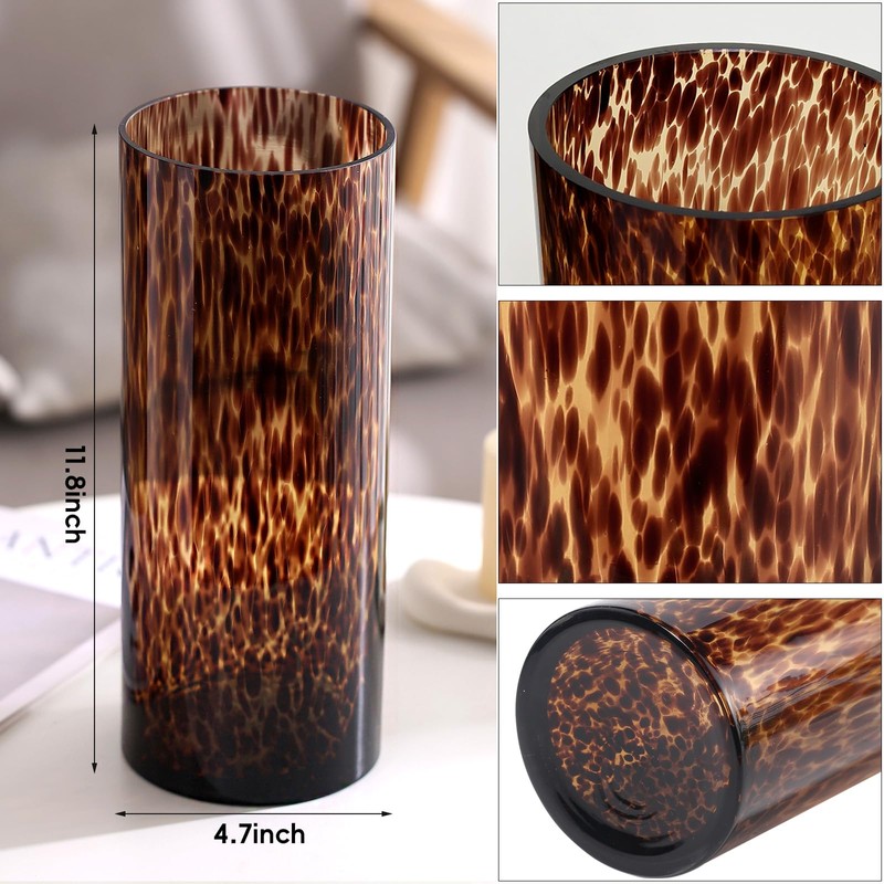11.8 Inch Amber Brown Glass Vase,Hand Blown Leopard-Print Cylinder Centerpiece