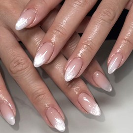 LWTZLW French Tip Press on Nails Short Almond False Nails Glitter French Tip Full Cover Glue ons Nails Nude Glitter Acrylic Fake Nail Pink Glossy Artificial Nail Reusable for Women