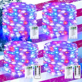 4 Pack Red White & Blue Fairy Lights Battery Operated with Timer Remote, Total 80FT 240LED 4th of July Decorations Outdoor/Indoor American Flag Lights for Independence Day Patriotic Tree Decorations