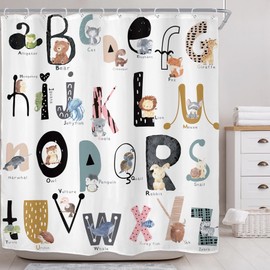 Riyidecor ABC Learning Alphabet Shower Curtain for Bathroom Decor 72Wx72H Educational Study Tool Boy Baby Children Funny Cute Large A to Z Art Printed Fabric Polyester Waterproof 12 Pack Plastic Hooks