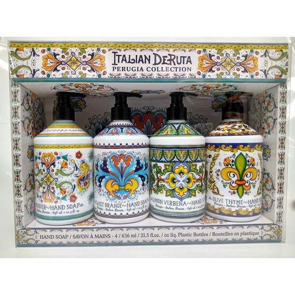 Combo Set 4, Italian Deruta Hand Soap Collection 21.5 FL OZ Each, lavender, lemon verbena, sweet orange & olive thyme