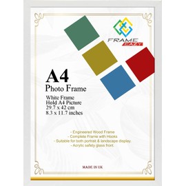 FRAME EAZY White A4 Picture Frames | A4 Frame with Acrylic Safety Glass & Wall Hanging Hooks - Modern Home Décor Photo Frame - Ideal For Gifting (White)
