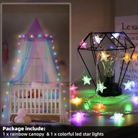 Temopow Rainbow Bed Canopy with Led Light Colorful Mesh Stitching Mosquito Net Princess Dome Mesh Bed Canopy for Bedroom Decoration Princess Bed Netting
