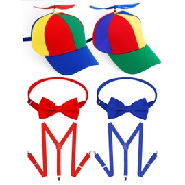 6 Pcs of Propeller Hat Adult, Tweedle Dee and Tweedle Dum Costume Include 2× Adjustable Elastic 2 × Y Back Style Suspenders and Adjustable Bow Tie for Adult Men Women