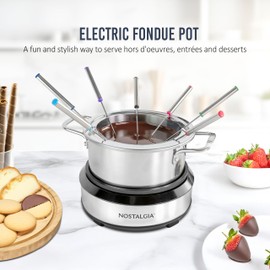 Nostalgia 8-Cup Electric Fondue Pot Set for Cheese & Chocolate - 8 Color-Coded Forks, Temperature Control - Kitchen Gadgets and Appliances for Hors d'Oeuvres and More - Stainless Steel