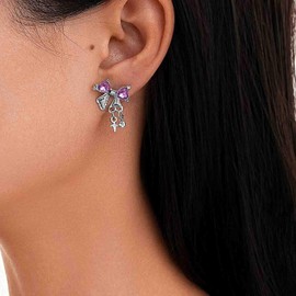 IRCOMULTI Boho Crystal Bow Stud Earring Purple Crystal Bow Earrings Silver Rhinestone Dangle Earring Vintage Tiny Star Drop Earrings Jewelry for Women