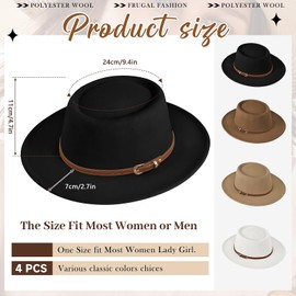 4 Pack Wide Brim Fedora Hat for Women, Felt Wool Fedora Hats Panama Boho Jazz Hat with Belt Buckle for Church Party Travel Wedding