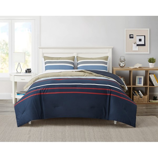 Nautica - Queen Comforter Set, Cotton Reversible Bedding with Matching Shams, Stylish Home Decor (Bradford Navy/Kahki, Queen)