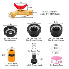 EEEKit IBC Tote Hose Adapter, 275-330 Gallon Water Tank Fitting, 3 Size IBC Tote Valve 2.44" Fine 2.36 "Fine 2.44" Coarse Thread, 1/2" Male NPT Inlet, 3/4" Male GHT Outlet Garden Faucet Hose Connector