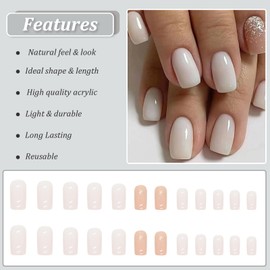 AKOFIC Pack of 24 Square Stick-On Nails, Short, Press On Nails, French with Nail Glue Sticker, Glossy Fake Nails, White Glitter Design, Acrylic Ballerina Artificial Fingernails for Women and Girls
