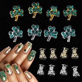 Jremg St.Patrick's Day Shamrock Nail Charms Alloy Gold Silver Green Clover Nail Art Charms with Crystal Rhinestones Design 3D Cute Money Bag Wallet Nail Rhinestones Nail Art Supplies for Women 16Pcs