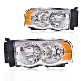PIT66 Headlights Left and Right Side Compatible with Dodge Ram 1500 2002-2005 /Dodge Ram 2500 3500 2003-2005,Clear lens Chrome Housing Amber Reflector