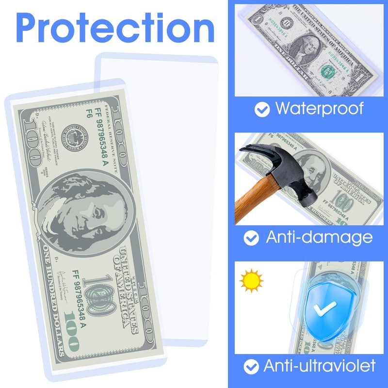80 Pack Clear PVC Money Holders, 6.9x2.95 Inch Top-Load Currency