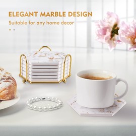 Marble Coasters for Drinks, Gold Coasters for kitchen,6pcs Absorbent Ceramic Coasters for Living Room,Home Decor,Housewarming Gifts