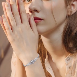 OHAYOO Heart Opal/Birthstone Bracelet Women's Silver 925 Angel Wings Bracelet White/Red Opal/Birthstone Angel Wings Heart Love Lucky Charm Bracelets Gifts Birthday for Girls Women Women, Sterling