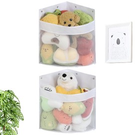 Stuffed Animal Storage, 2 Pack Stuffed Animal Hammock Corner Toy Organizer, Wall Mount Large Net Basket for Teddy Plush, Hanging Kids Plush Toys Holder for Nursery Play Room Bedroom Decor, White