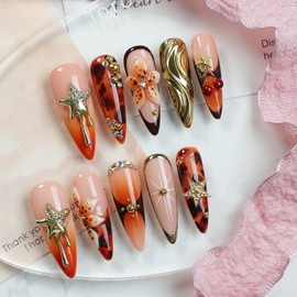 Handmade Press on Nails Thickened Salon Quality Fake Nails with Luxury 3D Flower Stars Cherry and Rhinestone Designs Gradient French Tip False Nails Long Almond Acrylic Nails for Women（Size S)