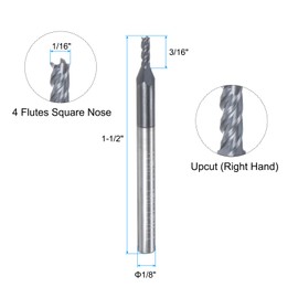 sourcing map Carbide Square End Mill, 1/16" Diameter TiAlN Coated 4 Flutes Milling Bit Cutter, for Hardened Steel Stainless Steel Alloy Metal, 1/8" Shank 3/16" Cut Length 1-1/2" Long HRC55