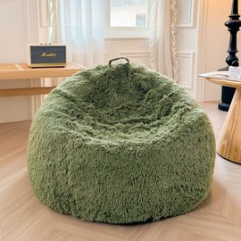 XeGe Faux Fur Comfy Bean Bag Cover, Fluffy Stuffed Animal Storage Bean Bag Chair Cover for Bedroom Home Decor, Furry Fuzzy Big Gaming Bean Bag Cover for Adults Teens Kids Girls, Anti-Slip, Sage Green