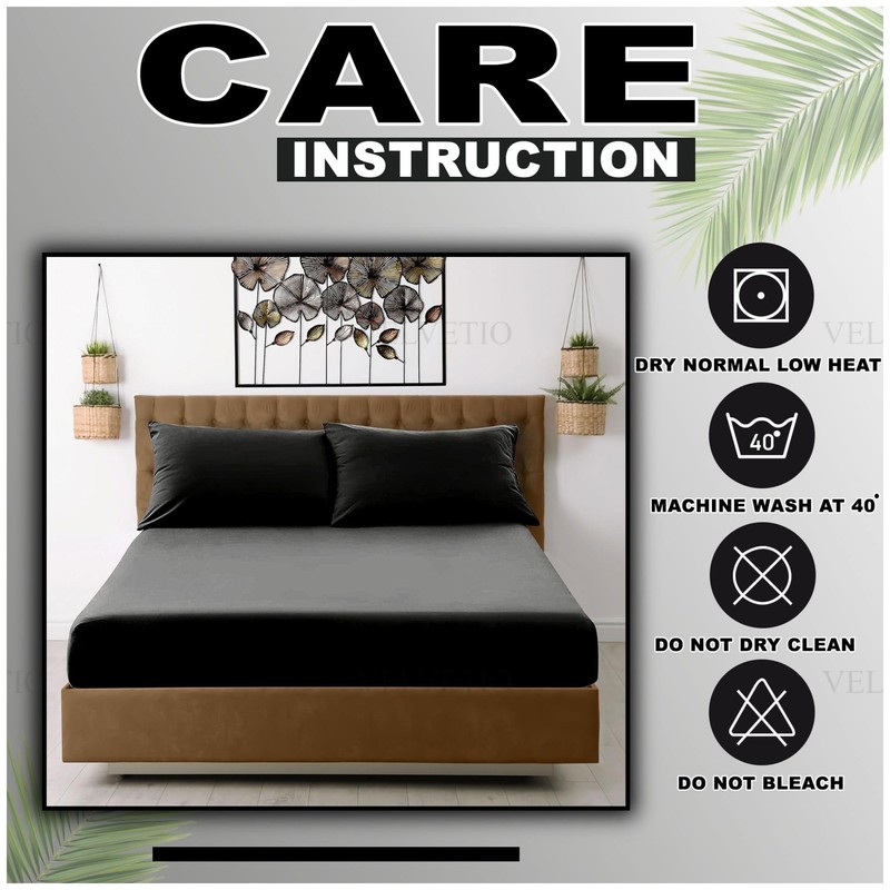 VELVETIO Easy Care Plain Black Fitted Sheet, Soft Breathable 100%
