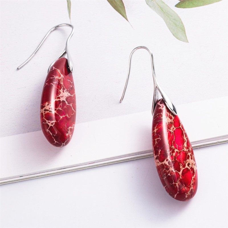 SELOVO Red Teardrop Stone Dangle Drop Fishhook Earrings Silver Tone