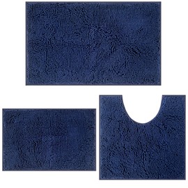 RUN HELIX Navy Blue Bath Mat Set, 3 Pieces, Chenille, Non Slip, Absorbent, Washable, Plush, Ultra Soft, Bathroom, Tub, Shower