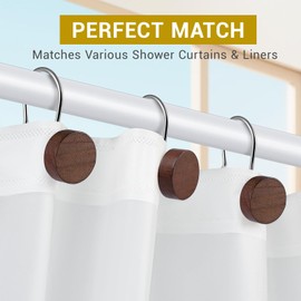 AmazorHome Shower Curtain Hooks, Wood Shower Curtain Hooks for Bathroom Shower Rods Curtains-Set of 12, Silvery Metal Shower Curtain Rings with Round Walnut Decorative