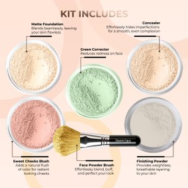 5pc KIT w/FACE BRUSH (FAIR 1) Mineral Makeup Set Full Size Powder Bare Skin Matte Foundation